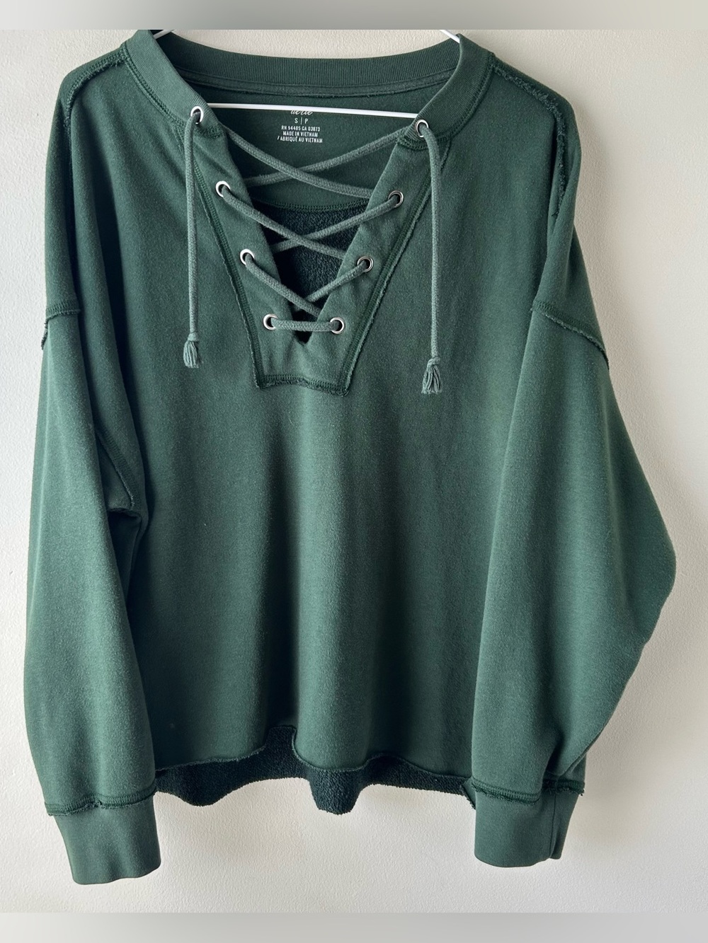 Aerie Lace-Up French Terry Pullover Sweatshirt Sweater Forest Green S